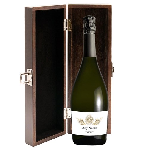 Personalised Prosecco - Gold Ornate Label in Elm Wood Gift Box